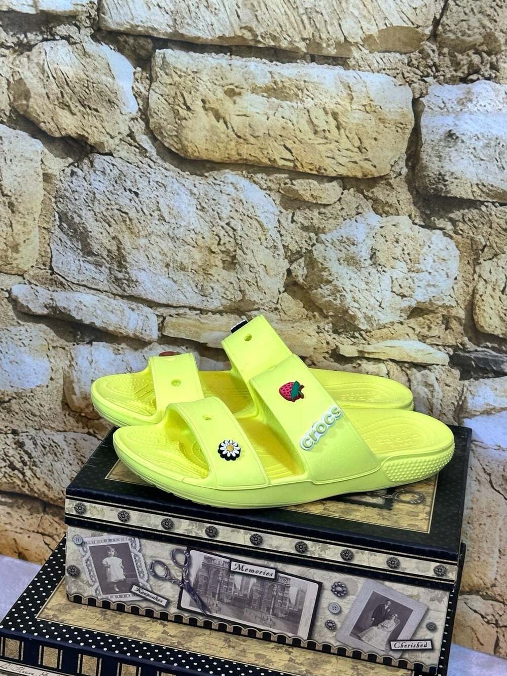 Crocs Classic Two-Strap Slide Sandals in Lime Zest with Charms